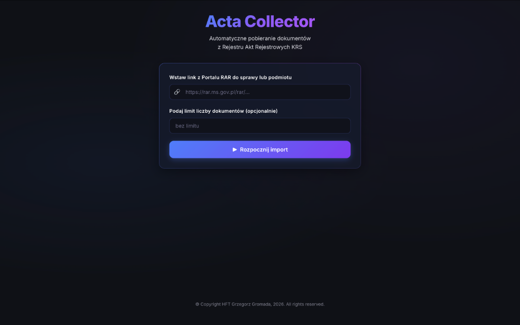 Zrzut ekranu aplikacji Acta Collector