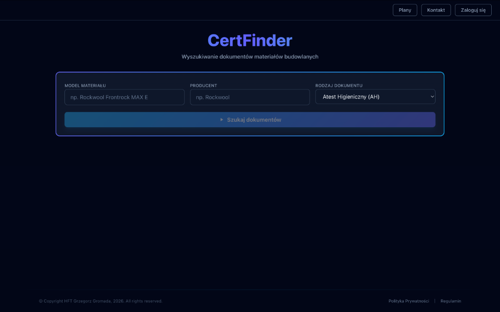 Zrzut ekranu aplikacji CertFinder